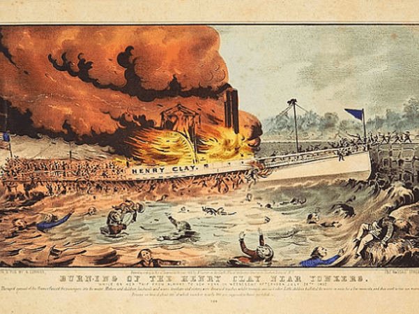 Illustration: “Burning of the Henry Clay near Yonkers” by Nathaniel Currier, 1852. Source: Springfield Museum, Springfield, Massachusetts.