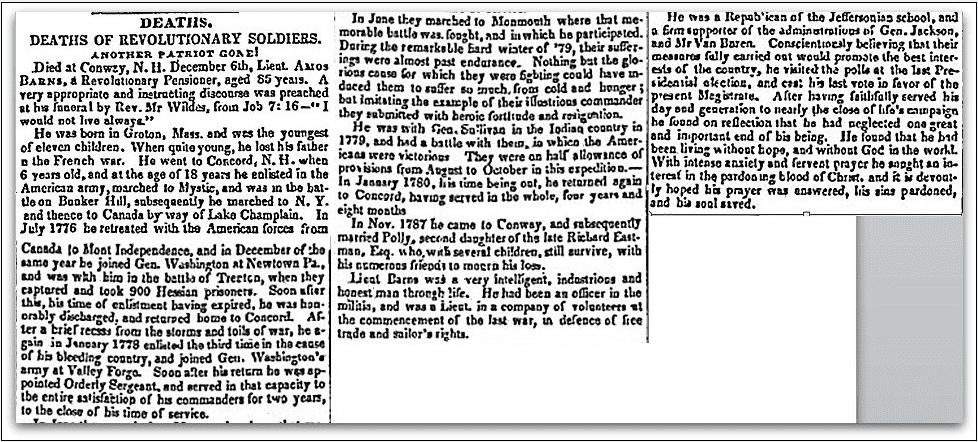 An obituary for Amos Barnes, New Hampshire Gazette newspaper article 12 January 1841