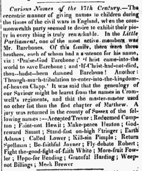 An article about curious and amusing names, New Hampshire Patriot and State Gazette newspaper article 26 April 1830