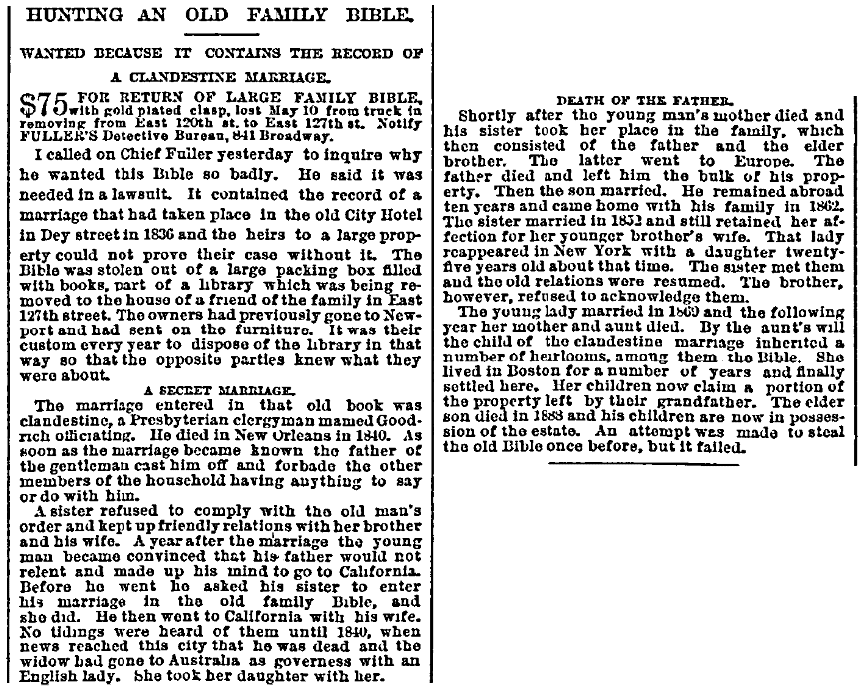 An article about a family Bible, New York Herald newspaper article 27 May 1889