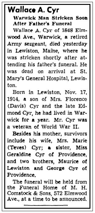 An obituary for Wallace Cyr, Providence Journal newspaper article 14 March 1959