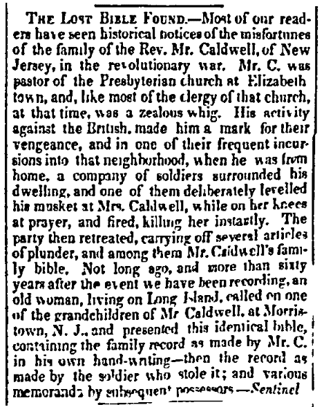 An article about a family Bible, Public Ledger newspaper article 26 September 1840