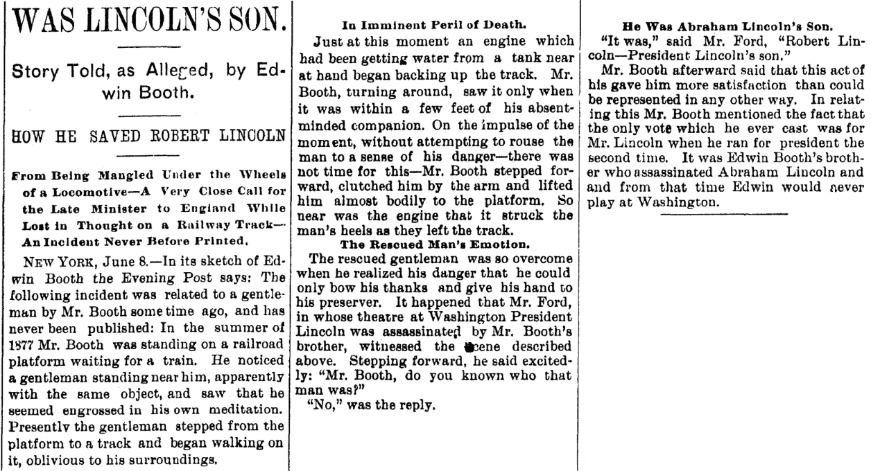 An article about Edwin Booth, Rockford Daily Spectator newspaper article 8 June 1893