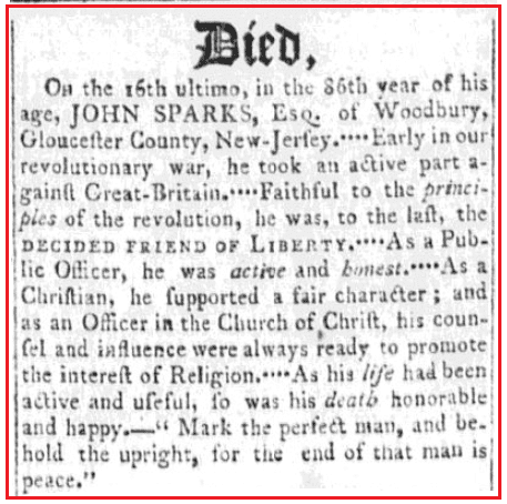 An obituary for John Sparks, True American newspaper article 9 March 1802