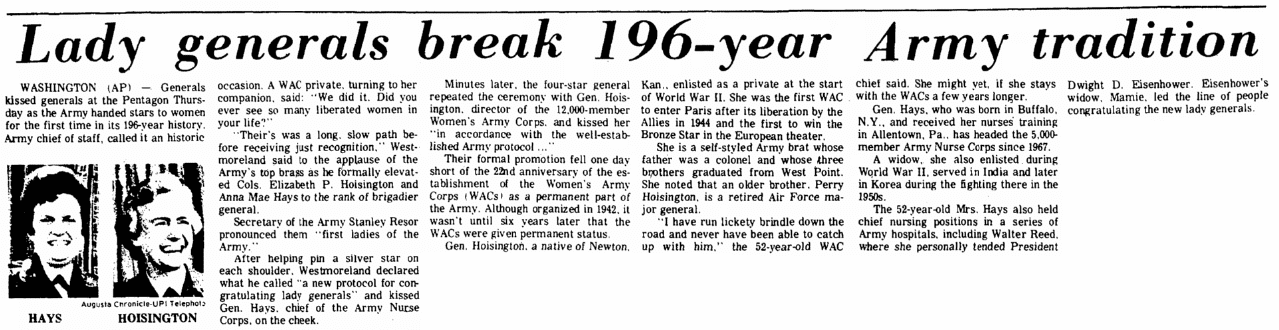 An article about the first two women generals in U.S. Army history, Augusta Chronicle newspaper article 12 June 1970