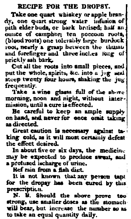 An article about a cure for dropsy, Augusta Chronicle newspaper article 18 June 1819