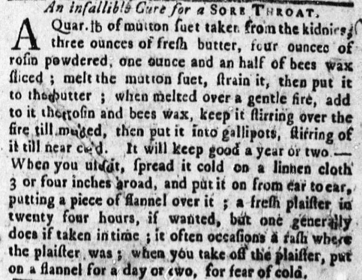An article about a cure for a sore throat, Boston News-Letter newspaper article 7 February 1765