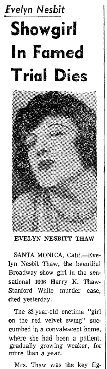 An obituary for Evelyn Nesbit, Boston Traveler newspaper article 18 January 1967