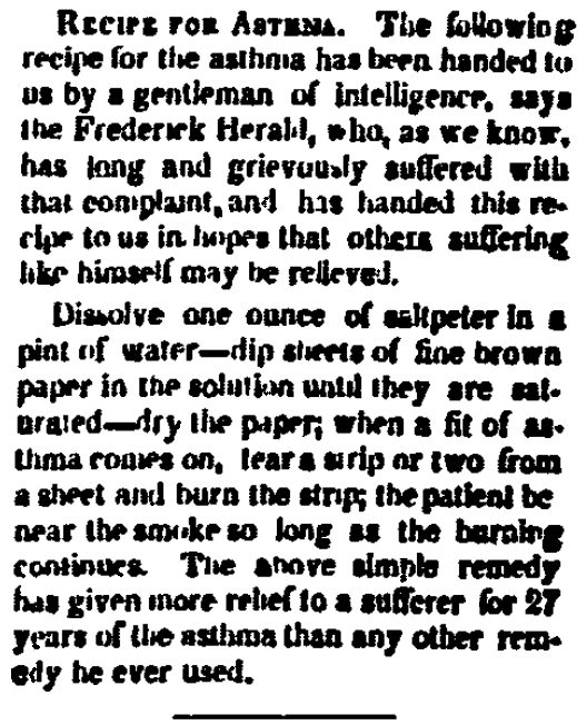 An article about an asthma cure, Cecil Democrat newspaper article 12 April 1845
