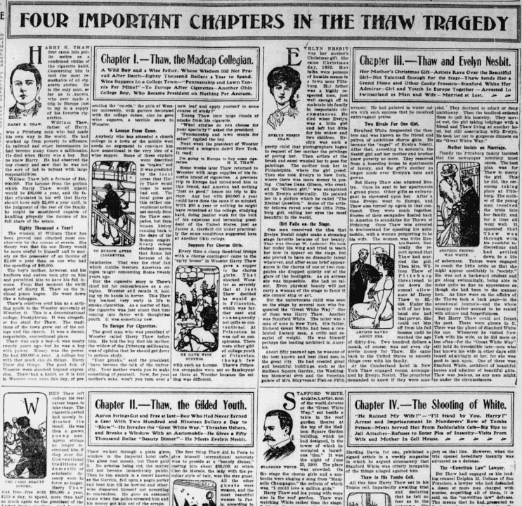 An article about the murder of Stanford White by Harry Thaw, the husband of Everlyn Nesbit, Charlotte Observer newspaper article 17 February 1907