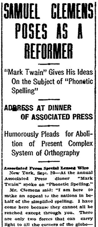 An article about Mark Twain, Evening Tribune newspaper article 20 September 1906