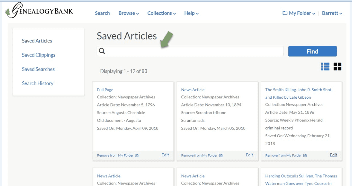 A screenshot of GenealogyBank's My Folder feature