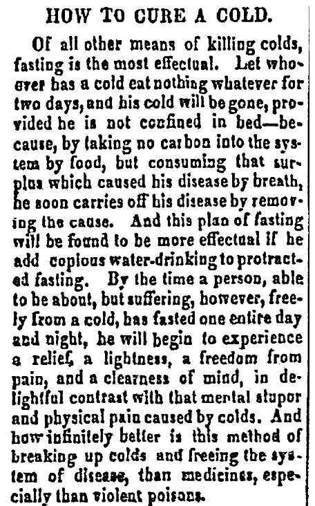 An article about a cure for the common cold, Harford Gazette and General Advertiser newspaper article 17 May 1850