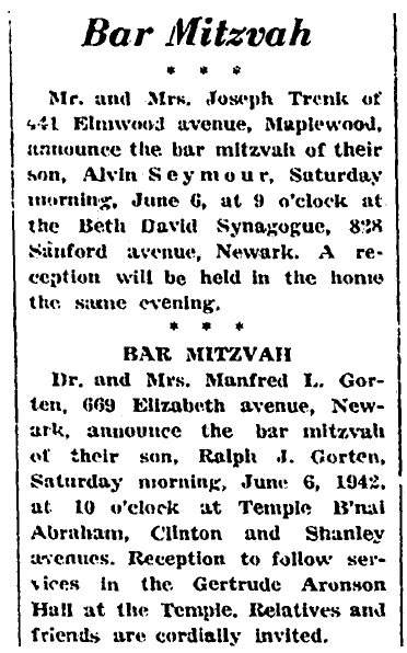 Bar mitzvah notices, Jewish Chronicle newspaper article 5 June 1942