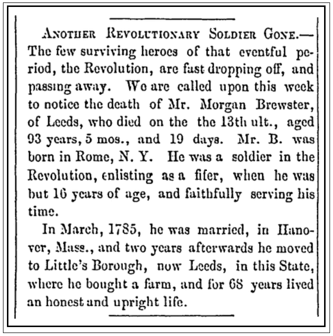 An obituary for Morgan Brewster, Maine Farmer newspaper article 13 March 1856