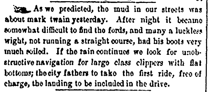 An article about measuring mud using the phrase "mark twain," Memphis Daily Eagle and Enquirer newspaper article 26 January 1854