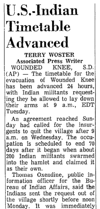 An article about the occupation of Wounded Knee, South Dakota, Mobile Register newspaper article 8 May 1973