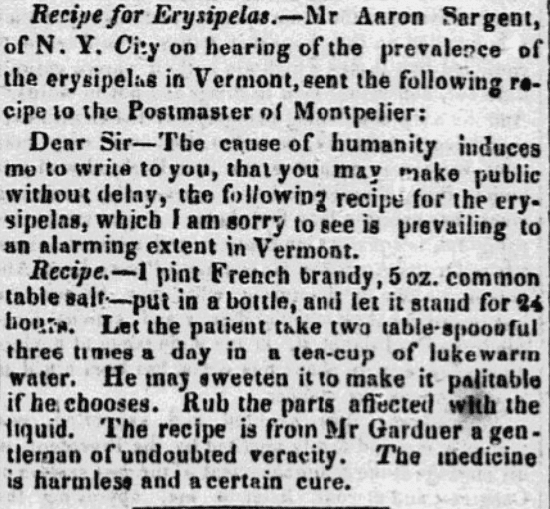 An article about a cure for erysipelas, New-Hampshire Gazette newspaper article 11 April 1843