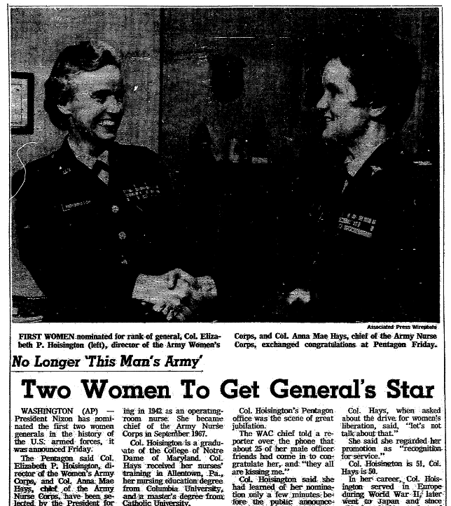 An article about the first two women generals in U.S. Army history, Oregonian newspaper article 16 May 1970