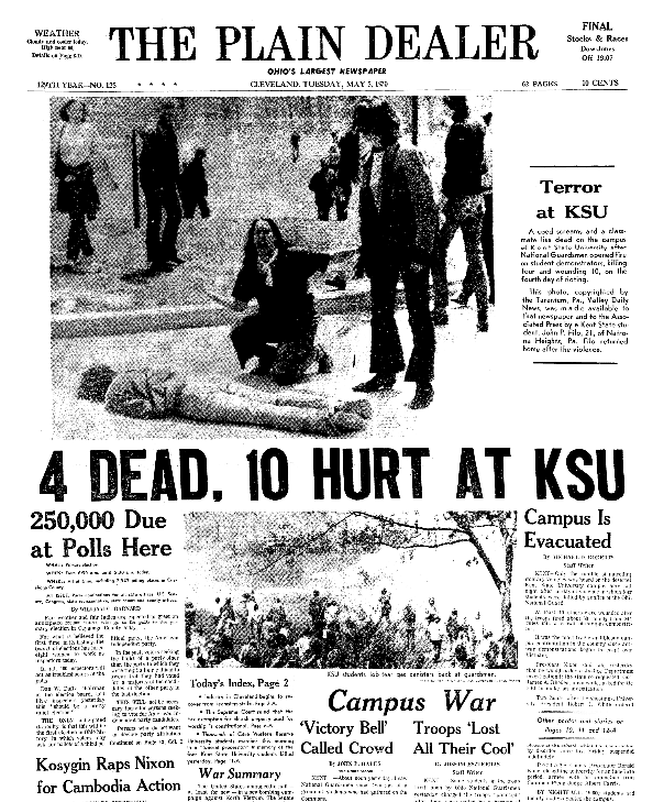 Front page coverage of the Kent State Shootings, Plain Dealer newspaper articles 5 May 1970