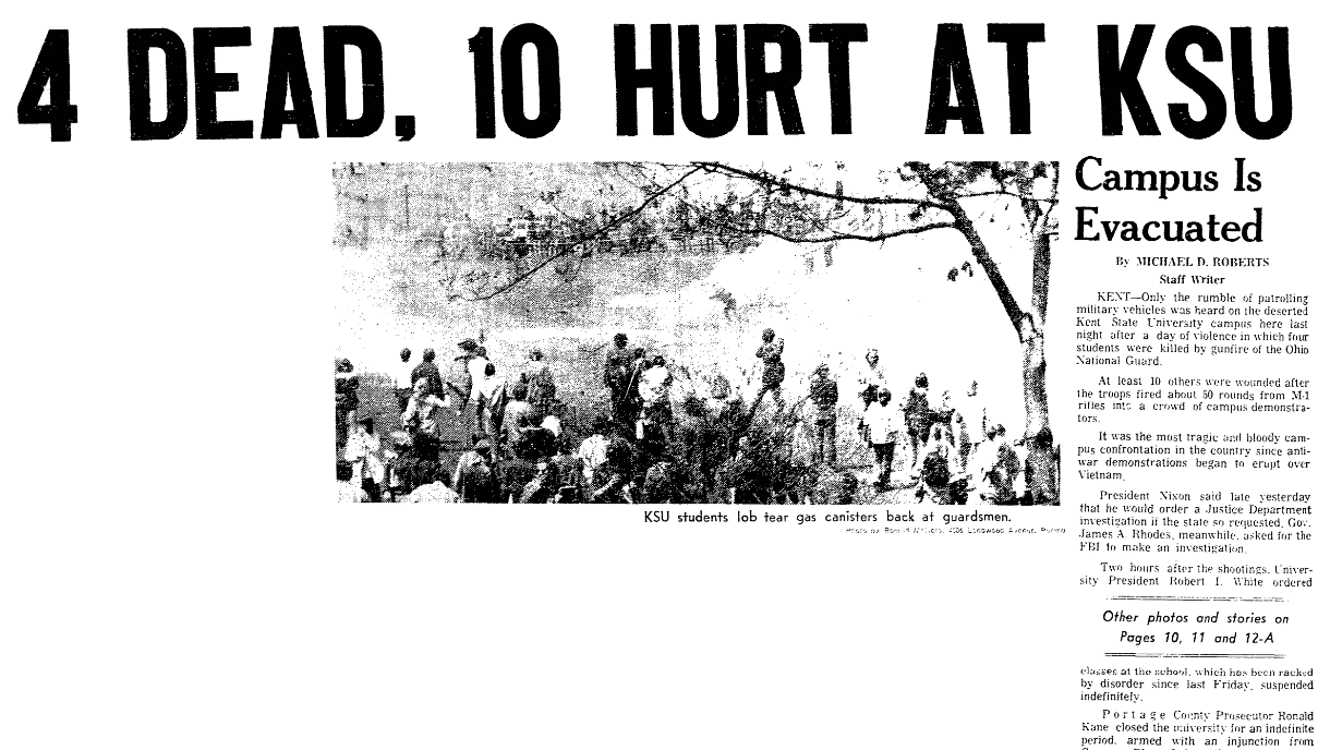 An article about the Kent State Shootings, Plain Dealer newspaper article 5 May 1970