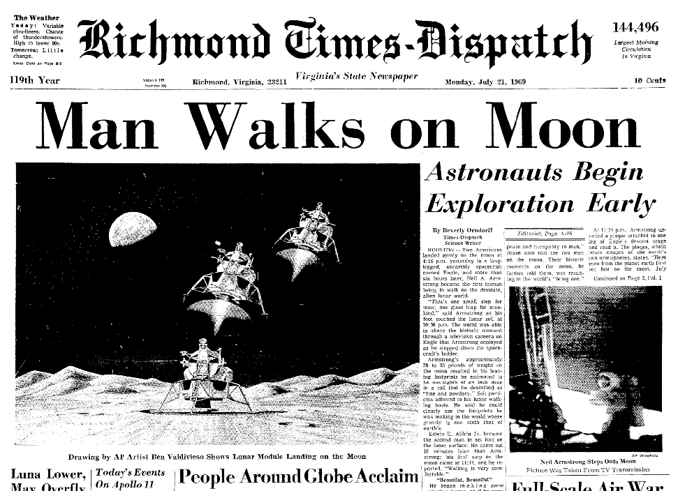 Front page news, Richmond Times Dispatch newspaper 21 July 1969