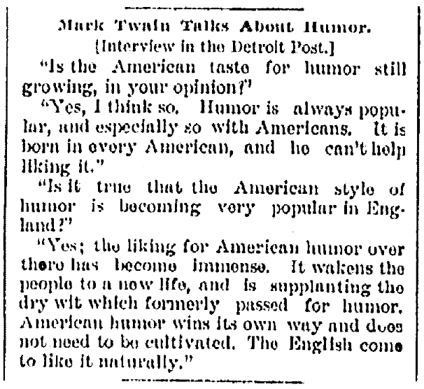 An article about Mark Twain, Saginaw News newspaper article 2 February 1885