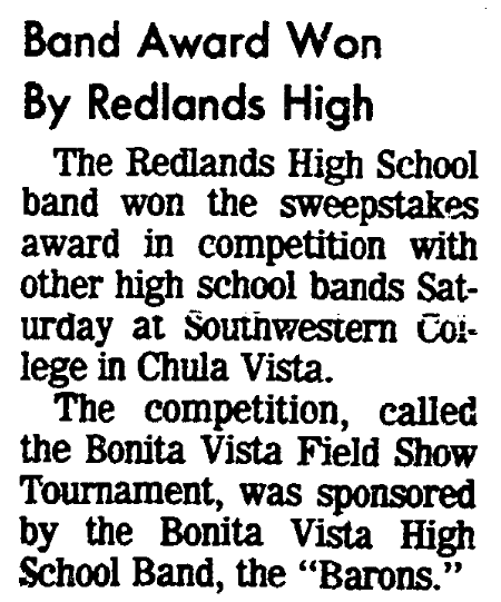 An article about the Redlands High School band, San Diego Union newspaper article 15 November 1977