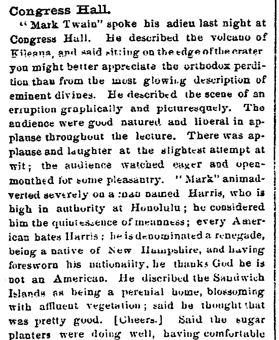 An article about Mark Twain, San Francisco Chronicle newspaper article 11 December 1866