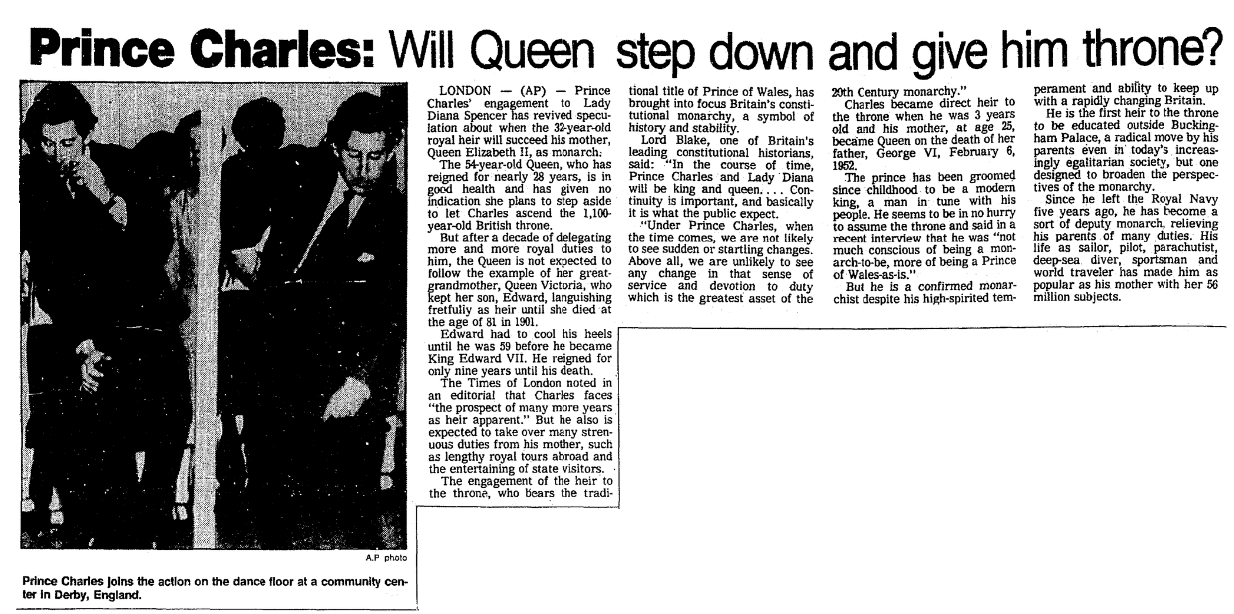 An article about Prince Charles, Seattle Daily Times newspaper article 1 March 1981