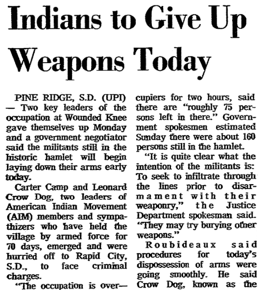 An article about the occupation of Wounded Knee, South Dakota, Springfield Union newspaper article 8 May 1973