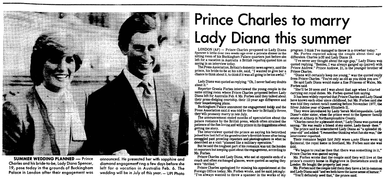 An article about the engagement of Prince Charles and Lady Diana, State Times Advocate newspaper article 24 February 1981