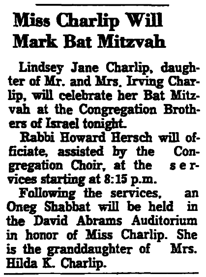 A bat mitzvah notice, Trenton Evening Times newspaper article 10 January 1964