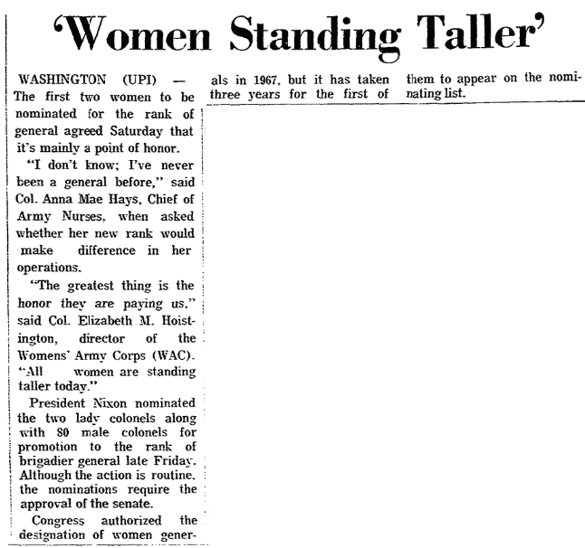 An article about the first two women generals in U.S. Army history, Trenton Evening Times newspaper article 17 May 1970