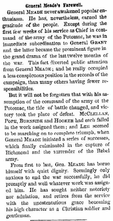 An article about General Meade and the Army of the Potomac, Albany Evening Journal newspaper article 1 July 1865