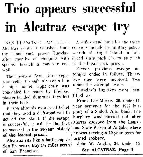 An article about an attempted escape from Alcatraz federal prison, Augusta Chronicle newspaper article 13 June 1962