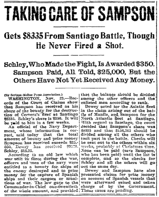 An article about a military prizes law, Cincinnati Post newspaper article 23 November 1901