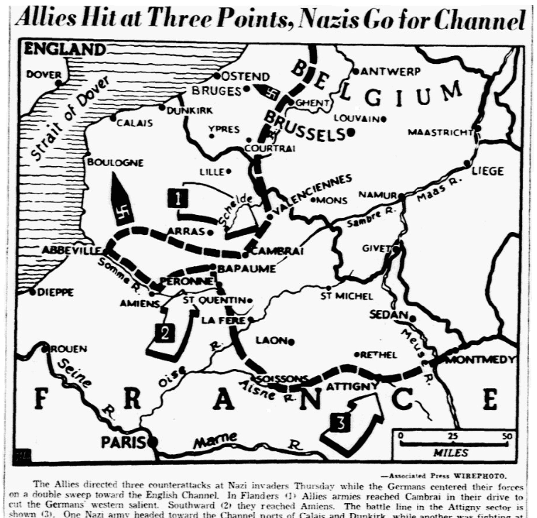 An article about the rescue of Allied troops from Dunkirk during WWII, Dallas Morning News newspaper article 24 May 1940