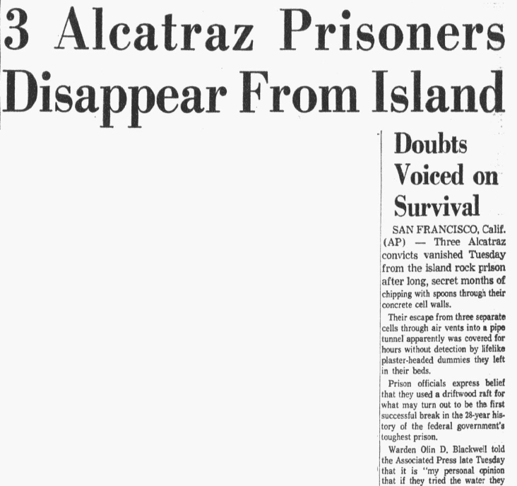 An article about an attempted escape from Alcatraz federal prison, Dallas Morning News newspaper article 13 June 1962