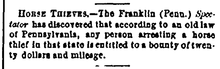 An article about a law for horse thieves, Evening Post newspaper article 23 June 1866