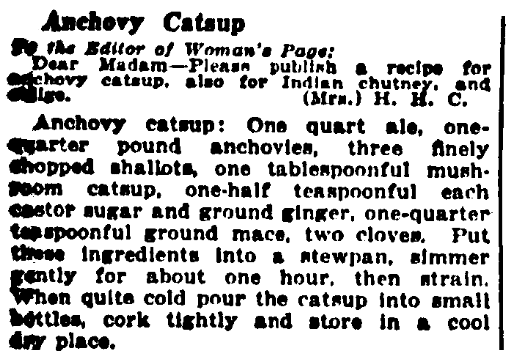 A recipe for anchovy ketchup, Evening Public Ledger newspaper article 23 July 1917
