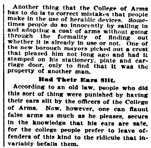 An article about a law for coats of arms, Evening Star newspaper article 5 January 1901