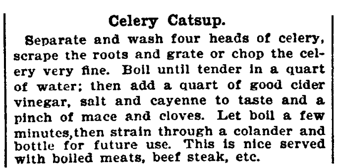 A recipe for celery ketchup, Evening Star newspaper article 15 November 1902