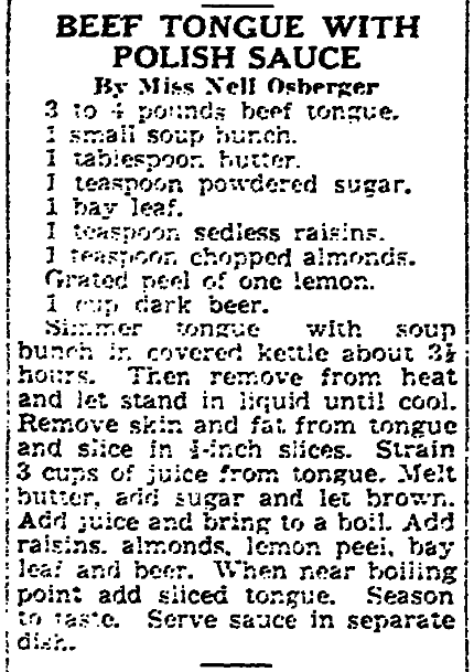 A recipe for beef tongue, New Orleans States newspaper article 13 June 1940