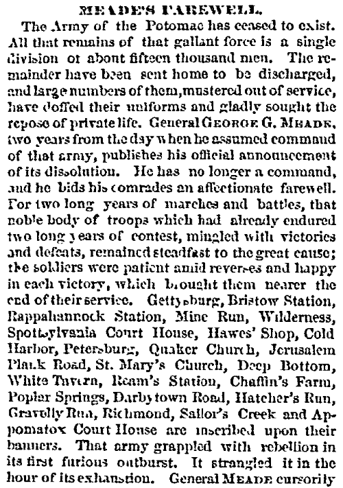 An article about General Meade and the Army of the Potomac, Philadelphia Inquirer newspaper article 30 June 1865