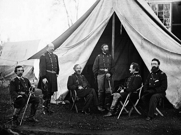 Photo: generals of the Army of the Potomac: Gouverneur K. Warren, William H. French, George G. Meade, Henry J. Hunt, Andrew A. Humphreys, George Sykes, at Culpeper, Virginia, August-November 1863. Credit: Library of Congress, Prints and Photographs Division.