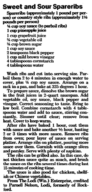 A recipe for spare ribs, Register Star newspaper article 17 June 1987