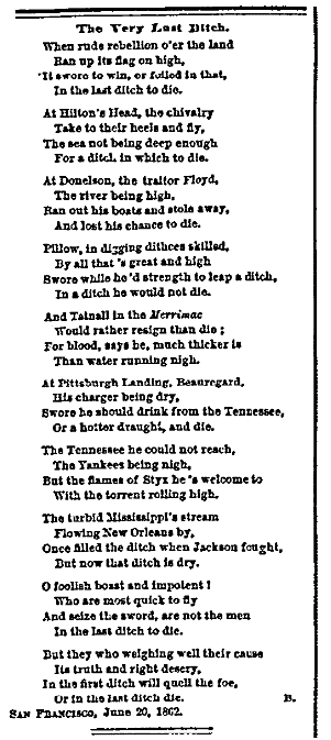 A poem written during the Civil War, San Francisco Bulletin newspaper article 20 June 1862