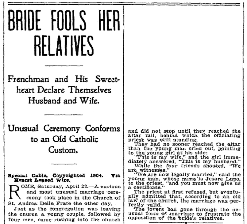 An article about a marriage law, Seattle Daily Times newspaper article 24 April 1904