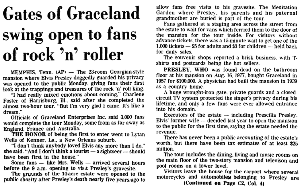 An article about Elvis Presley's home "Graceland" being opening to the public for tours, Trenton Evening Times newspaper article 8 June 1982